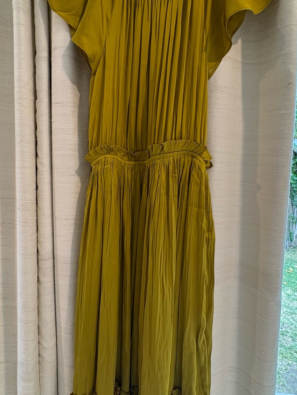 Anthropologie Olive Green Pleated Flutter-Sleeve Dress
